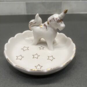 Unicorn Gold Accent White Ceramic Porcelain Trinket Ring Jewelry Dish Glossy
